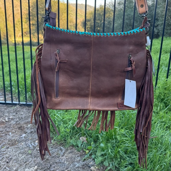 American Darling Eagle Feather Moon Hand Painted Leather Fringe Crossbody Purse - Picture 4 of 9
